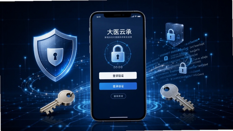 大医云承数据安全概念图,画面中心为一部手机屏幕显示登录验证界面与加密锁图标,手机周围环绕着盾牌、密钥与数据流光线,背景为深蓝色科技感网格,突出隐私保护与权限管控的视觉主题