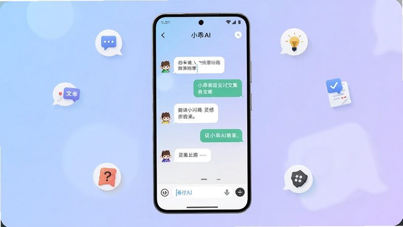 整体画面以一部竖屏安卓手机为视觉主体,屏幕中央呈现小乖AI的对话界面,气泡对话与输入框清晰可见,背景为柔和的浅蓝到淡紫渐变,四周点缀小图标代表问答、文案、灵感等场景,画面风格简洁现代,适合软件下载站展示图,构图居中,留白充足,像素清晰