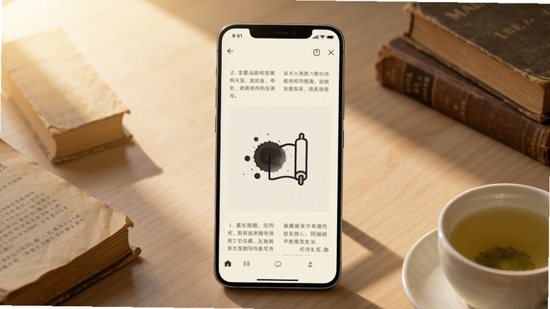 画面主体为一部竖屏安卓手机居中放置,屏幕显示墨与读阅读器界面,米白色背景配深灰文字,书页中央有墨点与书卷融合的极简图标;背景区域为浅木色书桌,散落几本旧书与一杯清茶,暖光从左上角斜射,整体风格清新安静,适配Boogu模型生成