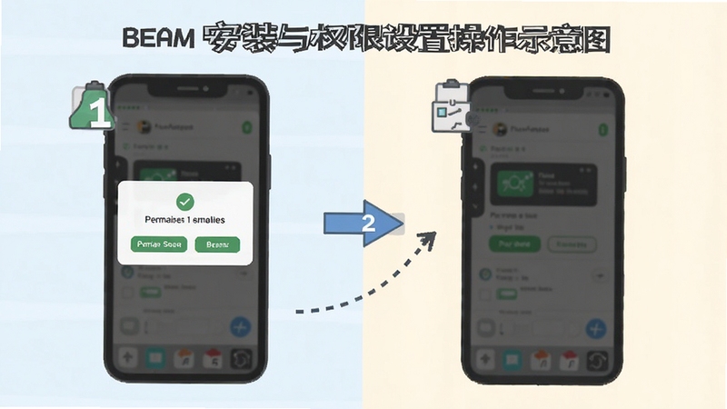 Beam 安装与权限设置操作示意图,手机屏幕显示权限弹窗与安装确认界面,步骤编号清晰,扁平化教学风格,浅色背景