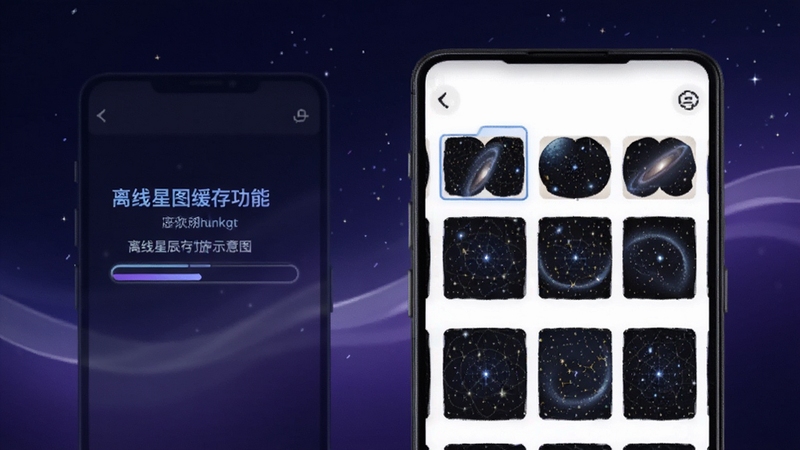 明语星辰 离线星图缓存功能示意图,画面展示手机屏幕中下载进度条与已缓存星图缩略网格,背景为深空蓝紫渐变,点缀细碎星尘与柔和光带,突出离线可用特性