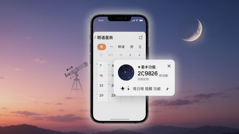 明语星辰 观测日程提醒功能概念图,画面中央为手机日历卡片与星象提醒弹窗,背景为暮色渐变天空与初升弯月,整体氛围宁静实用,带轻微光晕效果
