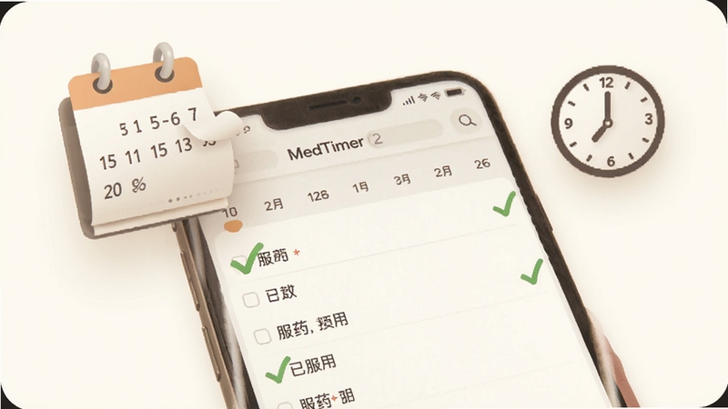 MedTimer��ҩ��¼ҳ��ʾ��ͼ���ֻ���Ļ��ʾ���������еķ�ҩ���б�����ɫ�Թ�����ѷ�����Ŀ����������������ҳ��ʱ��ͼ�꣬����Ϊů��ɫ��������ºͿ���