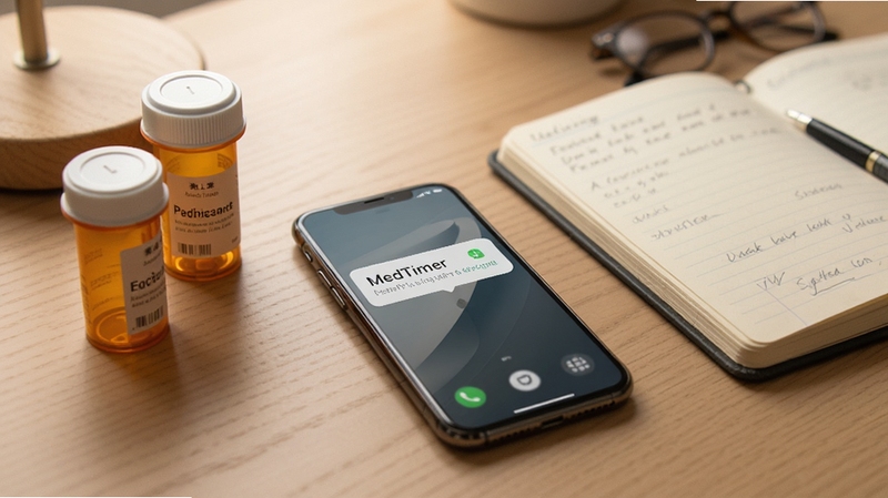 MedTimer����ʹ�ó���ͼ������չʾһ���ֻ��ڷ���ģʽ����Ȼ������ҩ����֪ͨ������Ϊ�Ӽ����棬�Ա߷���ҩƿ����±���������ͣ�ͻ�����ش洢�����߿��õ��ص�