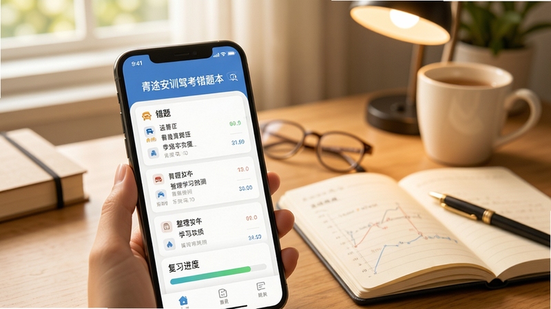 青途安训驾考错题本功能展示,手机界面呈现错题列表与复习进度条,背景为书桌与笔记本的温馨学习场景,色调柔和,体现整理归纳的学习习惯