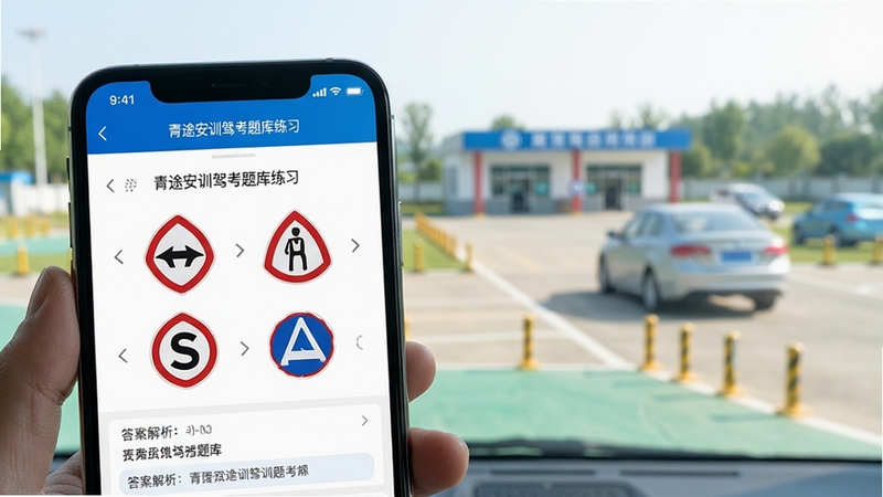 青途安训驾考题库练习界面特写,手机屏幕显示一道交通标志选择题与答案解析区域,背景为驾校训练场虚化场景,画面明亮清晰,突出学习氛围