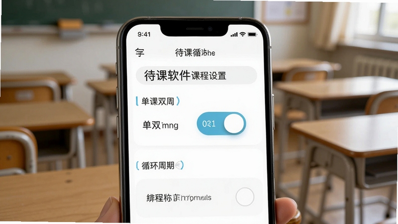 待课软件课程设置页面展示,手机界面呈现单双周切换开关与循环周期选项,画面主体为手机特写,背景为教室课桌场景,光线柔和,突出课程循环配置与排课灵活性,画面中带有待课应用图标