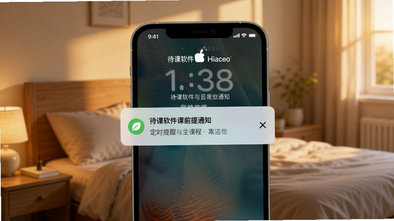 待课软件课前提醒通知在手机锁屏界面弹出的场景图,画面主体为手机屏幕显示提醒横幅,背景为清晨卧室环境,光线温暖,突出定时提醒与课程通知功能,画面中可见待课软件名称