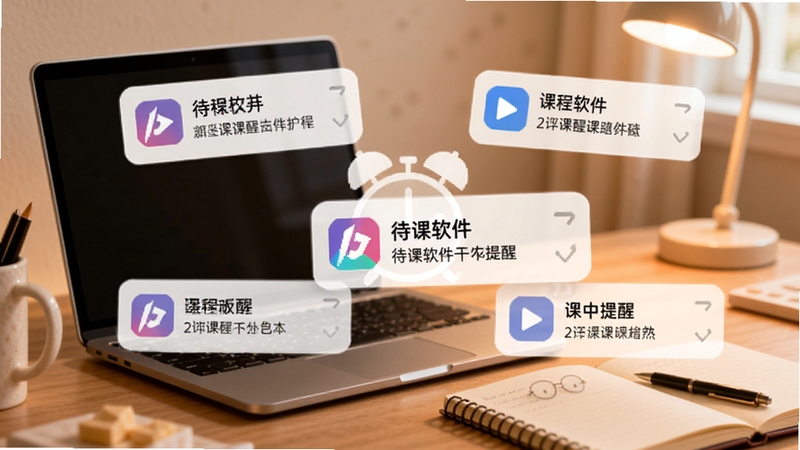 画面主体为一组悬浮的通知卡片与闹钟图标,卡片上显示待课软件标志与课程提醒文字,背景是柔和暖色调的书桌场景,桌面上摆放笔记本电脑与笔记本,整体氛围温馨且富有秩序感,体现提醒功能的及时与可靠