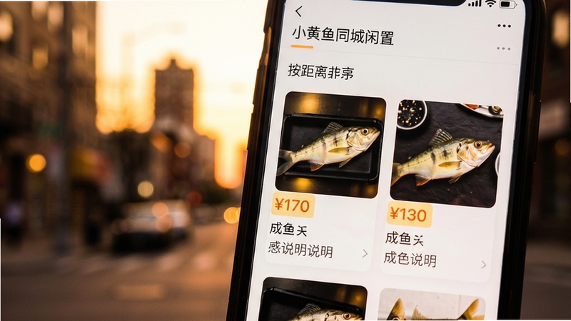 小黄鱼同城闲置列表页面特写,手机屏幕显示按距离排序的商品卡片,包含价格标签与成色说明,背景为城市街区虚化剪影,暖色调,界面元素清晰可辨