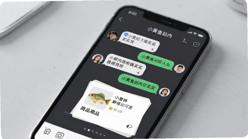 小黄鱼站内聊天界面示意图,手机屏幕展示买卖双方对话气泡与商品小卡片,背景为柔和浅灰桌面,光线均匀,界面层级分明
