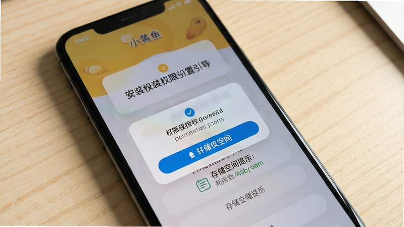小黄鱼安装权限设置引导页面示意,手机屏幕显示权限授权弹窗与存储空间提示,背景为简洁浅色桌面,界面元素清晰,光线柔和