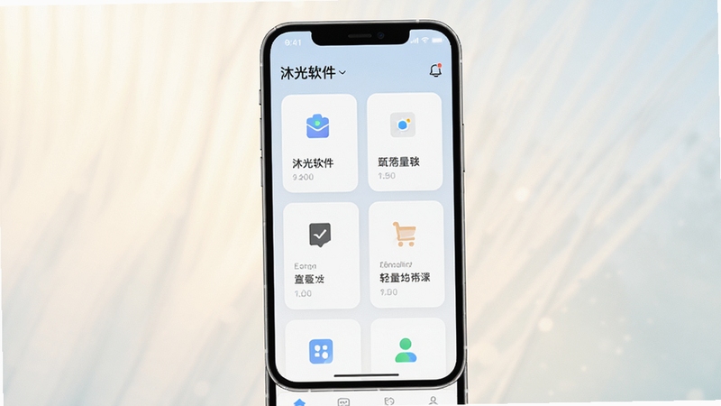 沐光软件主界面全貌展示,画面中央为手机屏幕特写,屏幕内呈现简洁清爽的卡片式功能布局,背景为柔和的自然光晕与浅色渐变,整体风格现代简约,突出轻量便携的应用气质,高清细节,适配Boogu模型生成