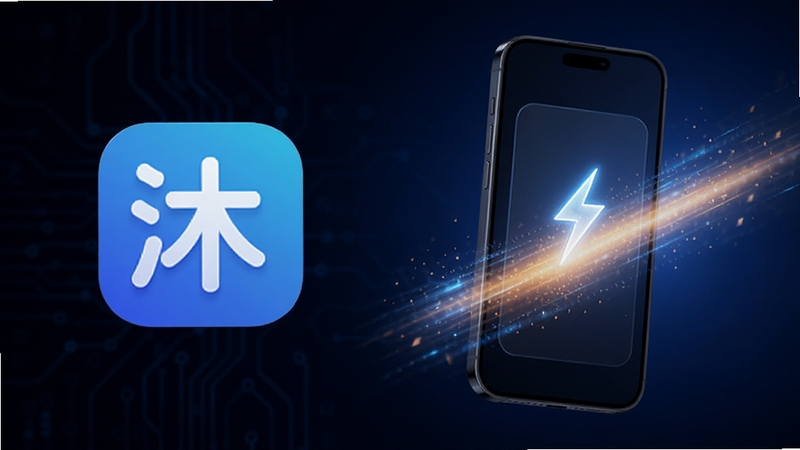 沐光应用图标与启动速度概念图,画面左侧为小巧精致的应用图标,右侧为手机屏幕快速亮起的动态光效,背景为深色科技感渐变,突出轻量与极速启动的视觉感受,高清渲染,适配Boogu模型生成