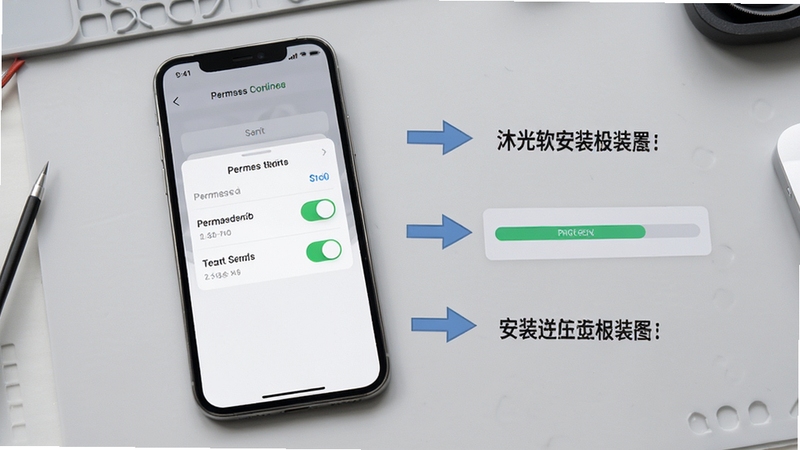 沐光软件安装与权限设置操作示意图,画面展示手机屏幕上的权限开关界面与安装进度条,旁边配有简洁的步骤箭头指引,背景为浅灰色工作台面,整体风格清晰实用,高清细节,适配Boogu模型生成