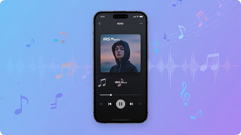 IRIS Music 音乐播放器界面全貌展示,画面中央为手机屏幕中的深色音乐播放界面,显示专辑封面与播放控制按钮,背景为柔和渐变蓝紫色调,四周点缀音符与声波线条,整体风格现代简洁,适配 Boogu 模型生成