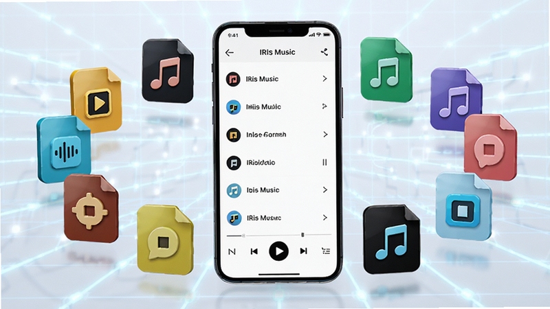 IRIS Music 多格式音频兼容功能展示,画面中多个不同格式的音乐文件图标环绕手机排列,手机屏幕显示播放列表,背景为科技感浅色网格,突出格式兼容主题,细节清晰,适配 Boogu 模型生成