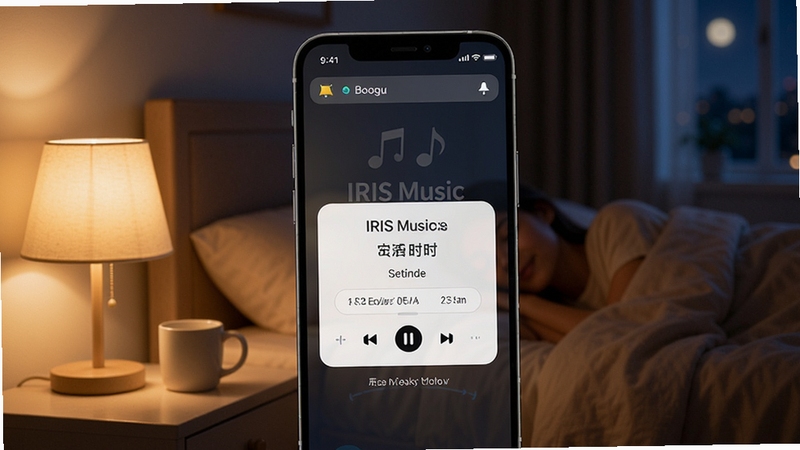 IRIS Music 睡眠定时与后台播放功能示意,手机屏幕显示定时设置弹窗与通知栏播放控制,背景为夜晚卧室柔和灯光氛围,突出便捷听歌场景,适配 Boogu 模型生成