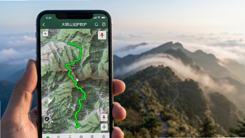 大明山巡护软件轨迹记录界面展示,手机屏幕中显示绿色行进路线与山体地形底图,背景为清晨薄雾中的大明山山脊,写实风格,界面清晰,自然光,高清细节