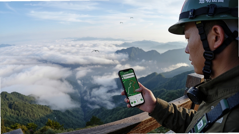 大明山巡护软件在山间使用场景,巡护员站在大明山观景平台查看手机轨迹页面,远处云海翻涌,山峦层叠,写实风格,自然光线,画面开阔