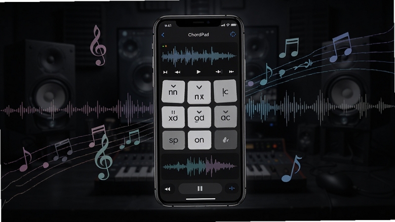 ChordPad 手机和弦编曲工具主界面展示,画面中央为悬浮的手机屏幕,屏幕内呈现和弦按键面板与音色试听波形,背景为深色渐变音乐工作室氛围,四周点缀音符与音频波形线条,整体风格简洁现代,适配Boogu模型生成
