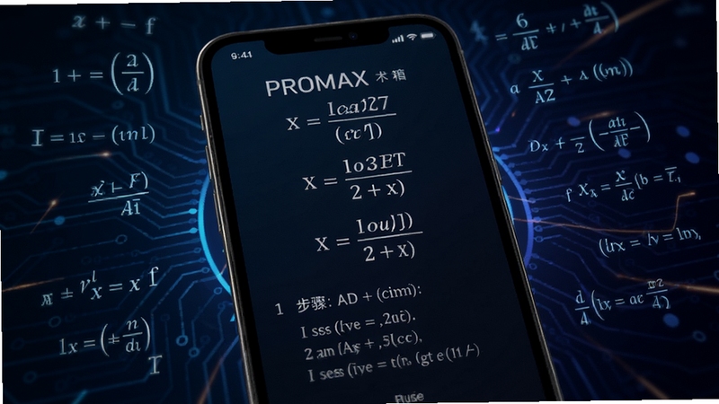 数学工具箱PROMAX方程求解界面特写,手机屏幕中央显示一元二次方程求解结果与步骤提示,背景为深色科技感渐变,周围漂浮数学符号与公式线条,画面简洁专业