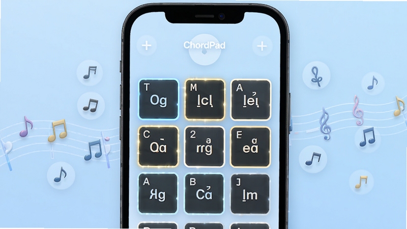 ChordPad 和弦编辑界面预览图,画面主体为手机屏幕内的和弦方块排列区域,方块带有高亮描边与音名标注,背景为柔和的浅蓝色渐变,周围漂浮细小的音符图标与音轨线条,整体呈现清爽的移动端工具界面风格