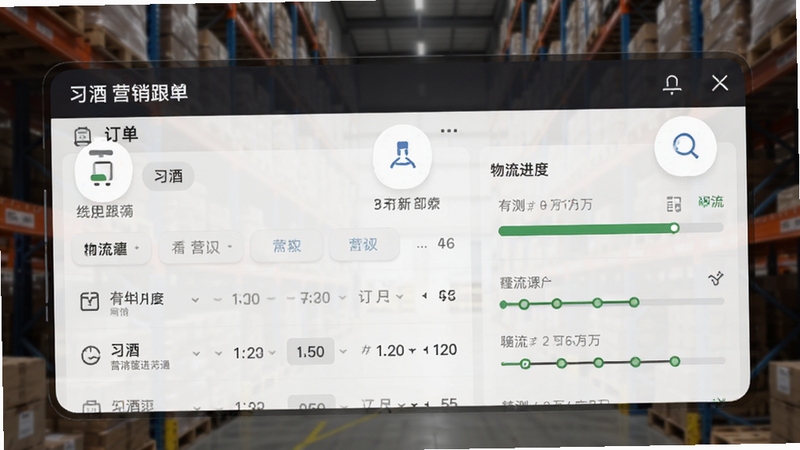 习酒营销通订单跟踪页面,手机屏幕展示订单列表与物流进度条,背景为仓库货架虚化场景,画面色调沉稳,突出订单管理实用性,适配Boogu模型生成