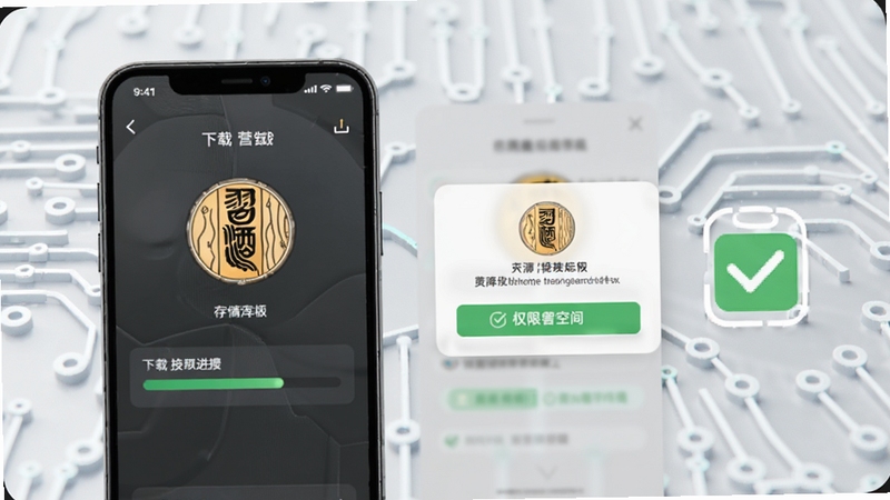 习酒营销通安装步骤示意图,手机屏幕显示下载进度条与权限授权弹窗,旁边有存储空间图标和勾选标记,背景为浅灰色科技纹理,画面清晰直观,适配Boogu模型生成