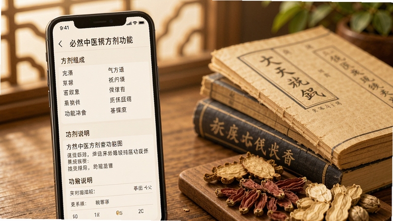 必然中医方剂查询功能展示图,手机屏幕显示方剂组成与功用说明,旁边摆放中医典籍与药材,画面色调温暖柔和