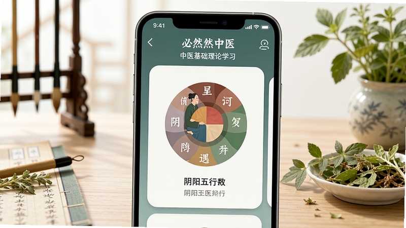 必然中医手机端中医基础理论学习界面展示,画面主体为手机屏幕中显示阴阳五行知识卡片,背景为淡雅中式书桌与草本植物,整体风格清新自然