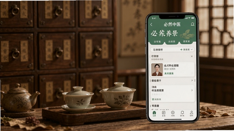 必然中医应用界面与中医养生场景合成图,画面中手机展示应用首页,背景为中式药柜与养生茶具,整体色调温润古朴