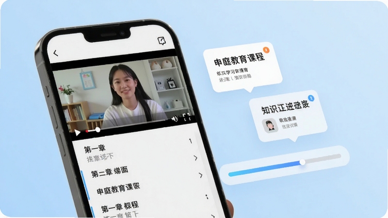 申庭教育课程学习界面特写,手机屏幕显示视频播放与章节列表,画面右侧漂浮知识点卡片与进度条元素,背景为柔和渐变浅蓝色,风格现代简洁,体现在线学习场景