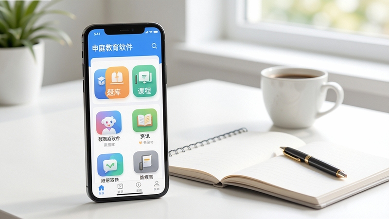 申庭教育软件主界面全景展示,手机屏幕居中偏左呈现应用首页,含题库、课程、资讯等模块图标,背景为明亮整洁的书桌场景,纸笔与咖啡杯点缀,整体色调清爽,适配教育类软件宣传图风格