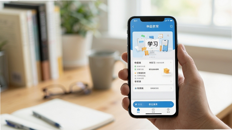 申庭教育移动端操作场景图,一只手握持手机展示应用学习界面,背景为虚化的室内书桌环境,画面明亮自然,突出移动学习的便捷感,构图简洁