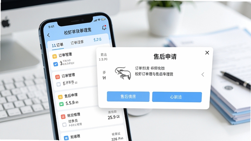 校虾订单管理与售后处理界面展示,画面主体为手机屏幕上的订单列表与售后申请弹窗,背景区域为简洁的办公桌面与文件元素,整体风格干净利落,配色以浅蓝与白色为主,突出信息层级与操作按钮