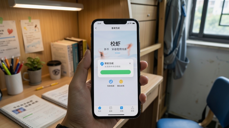 校虾新手安装使用场景展示,画面主体为手持手机查看校虾应用安装完成后的首页,背景区域为校园宿舍桌面与学习用品,整体风格生活化,色调柔和自然,细节包含权限弹窗与进度提示元素