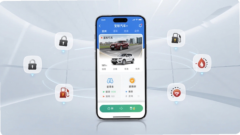 宝骏汽车+应用主界面全景展示,画面中心为一部竖屏智能手机,屏幕内呈现宝骏汽车+首页车辆卡片与远程控制按钮,背景为浅灰蓝渐变科技感空间,周围环绕车门锁、油量、胎压等悬浮图标,整体风格简洁明亮,适配Boogu模型生成