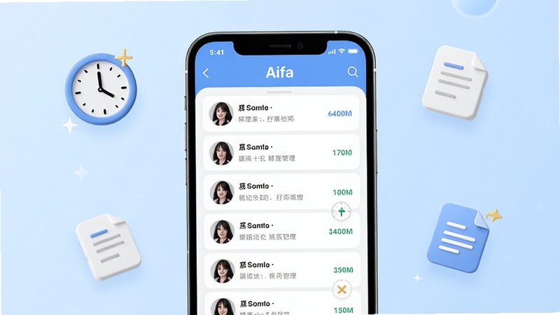画面展示Aifa应用内对话记录列表页面,手机屏幕居中,背景为柔和浅蓝色渐变,周围漂浮时钟与文档图标,体现记录管理与效率整理氛围,细节清晰,适配Boogu模型生成