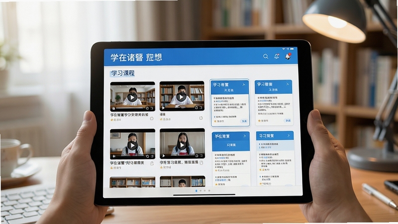 学在诸暨学习资源页面生图,画面展示平板设备上排列整齐的视频课程缩略图与习题卡片,界面配色以蓝白为主,背景为书房环境虚化处理,光线柔和,突出学习场景的专注与便捷