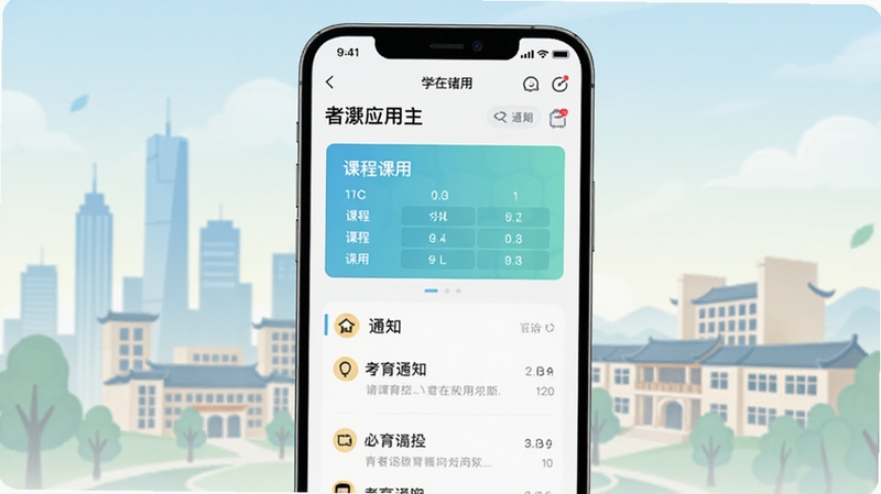 画面主体为一部智能手机屏幕特写,屏幕中央显示学在诸暨应用主界面,界面包含课程表卡片与通知列表元素,背景为诸暨城市天际线与校园建筑剪影融合的柔和插画风格,整体色调清新明亮,突出教育科技感与地域特色