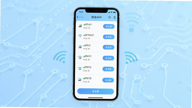 顺连WiFi软件主界面全貌展示,画面中央为手机屏幕显示周边无线热点列表,背景为简约科技感浅蓝色渐变,屏幕内可见信号强度图标与连接按钮,整体风格清爽明亮,适配Boogu模型生成
