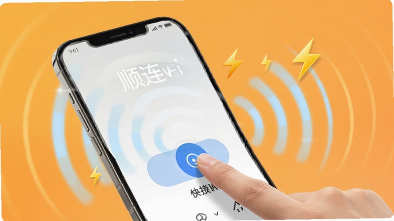 顺连WiFi一键连接功能展示图,画面为手机界面中手指点击连接按钮的瞬间,周围环绕无线信号波纹与闪电图标,背景为暖色调渐变,突出便捷快速的操作感受,画面中带有顺连WiFi字样
