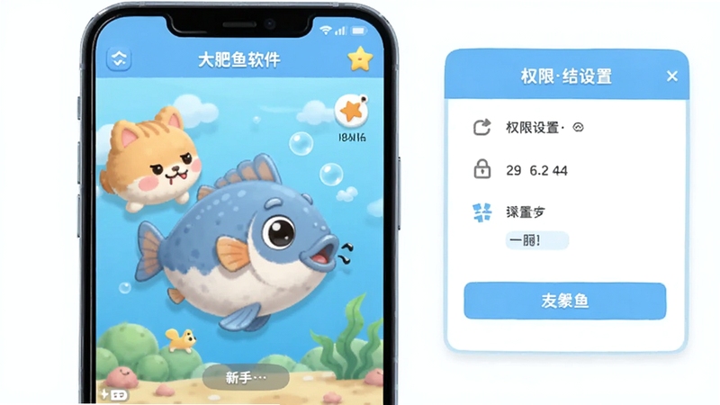 大肥鱼软件界面截图展示,悬浮萌宠在手机屏幕上互动,旁边有权限设置面板,界面简洁明了,卡通风格,浅蓝色调,适合新手参考