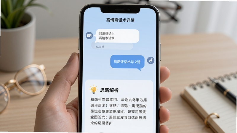 手机屏幕展示高情商话术详情页,上方为对话示例气泡,下方为思路解析文字区域,配有小灯泡图标,背景为淡蓝色渐变,整体氛围安静理性,体现学习与思考的感觉