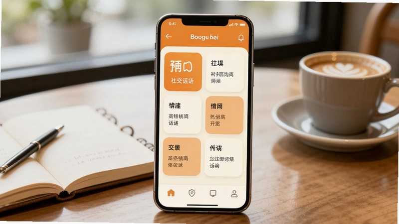 画面中央放置一部智能手机,屏幕显示高情商话术应用界面,界面以温暖橙色与米白色为主调,分类卡片整齐排列;背景为柔和虚化的咖啡厅桌面场景,散落笔记本与咖啡杯,整体风格清新明亮,突出社交沟通主题,适配Boogu模型生成