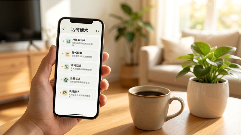 高情商话术使用场景示意图,一只手拿着手机,屏幕显示话术分类页面,旁边有咖啡杯与绿植,背景为明亮的居家环境,整体色调温暖自然,传达轻松上手的使用氛围