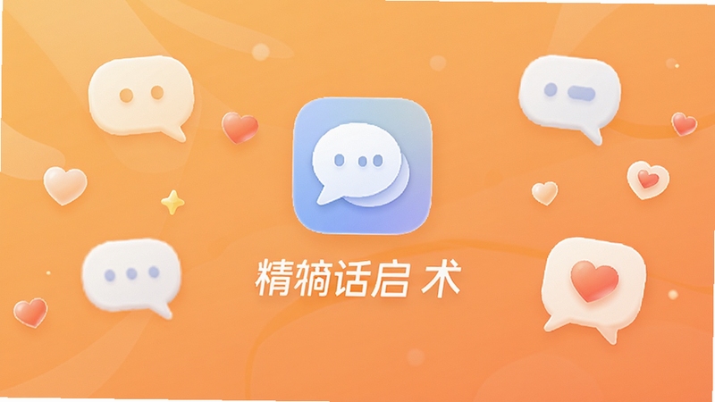 高情商话术应用启动界面,简洁的图标与软件名称居中显示,背景为柔和的渐变橙色,周围漂浮着对话气泡与爱心符号,整体轻盈明快,体现轻量无广告的特点