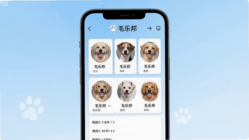 毛乐邦软件宠物档案页面,手机屏幕显示多只宠物的头像卡片和详细资料表单,背景为浅蓝色渐变,画面干净简洁,突出毛乐邦品牌标识
