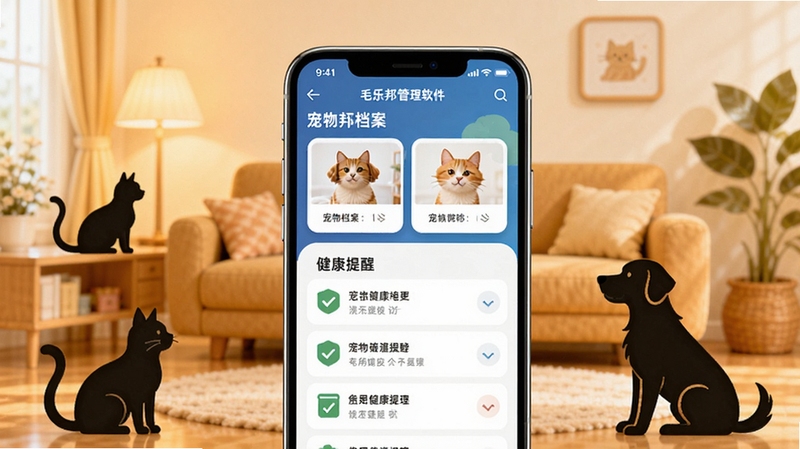 毛乐邦宠物管理软件主界面展示,画面中央是手机屏幕,屏幕上呈现宠物档案卡片与健康提醒列表,背景为暖色调居家客厅环境,有猫咪和狗狗的剪影装饰,整体风格清新明亮,适配Boogu模型生成